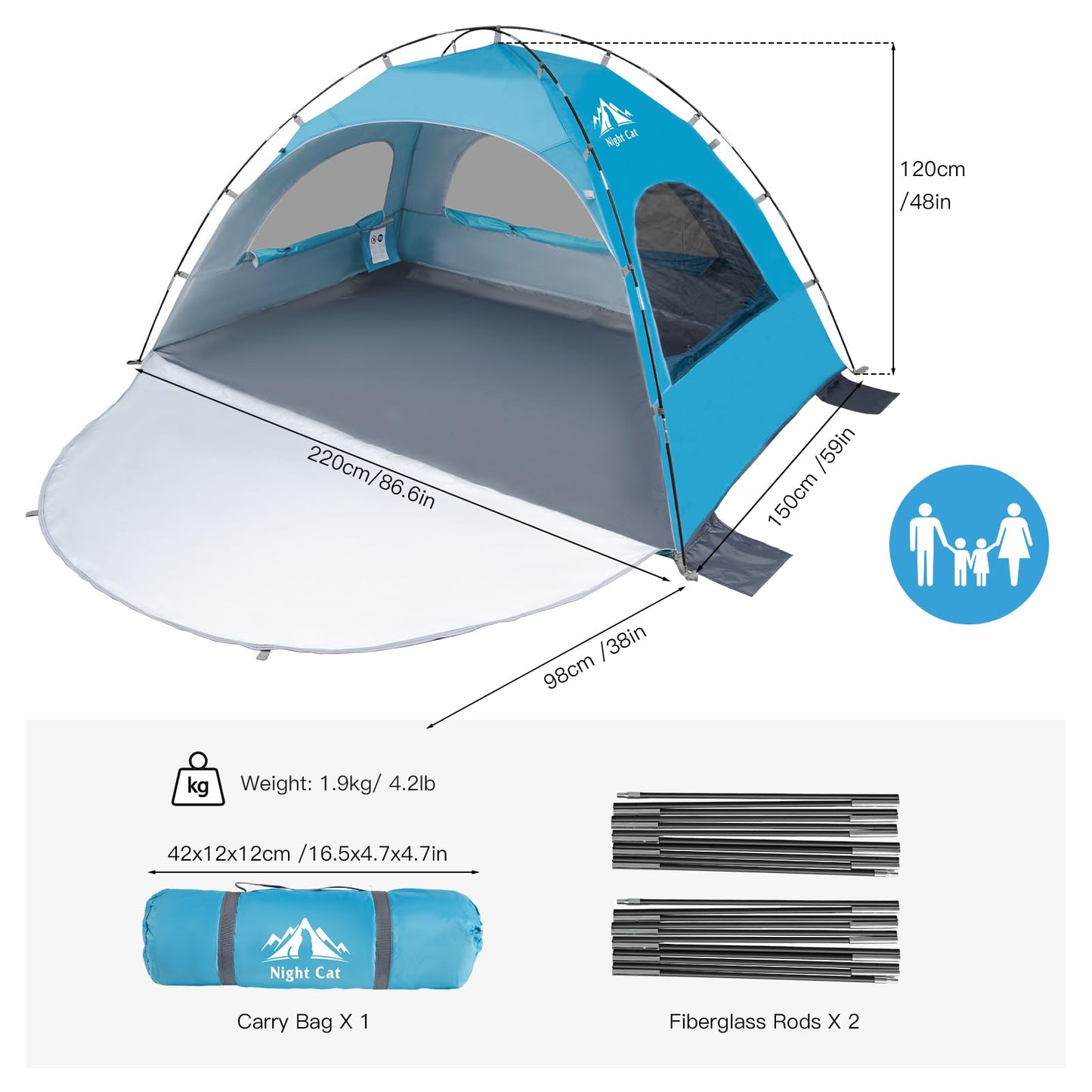 Night Cat Beach Tent Portable Camping Sun Shade Shelter for 2-4 Persons with UV Protection 3 Breathable Mesh Windows Extended Tent Floor Easy Set Up Outdoor