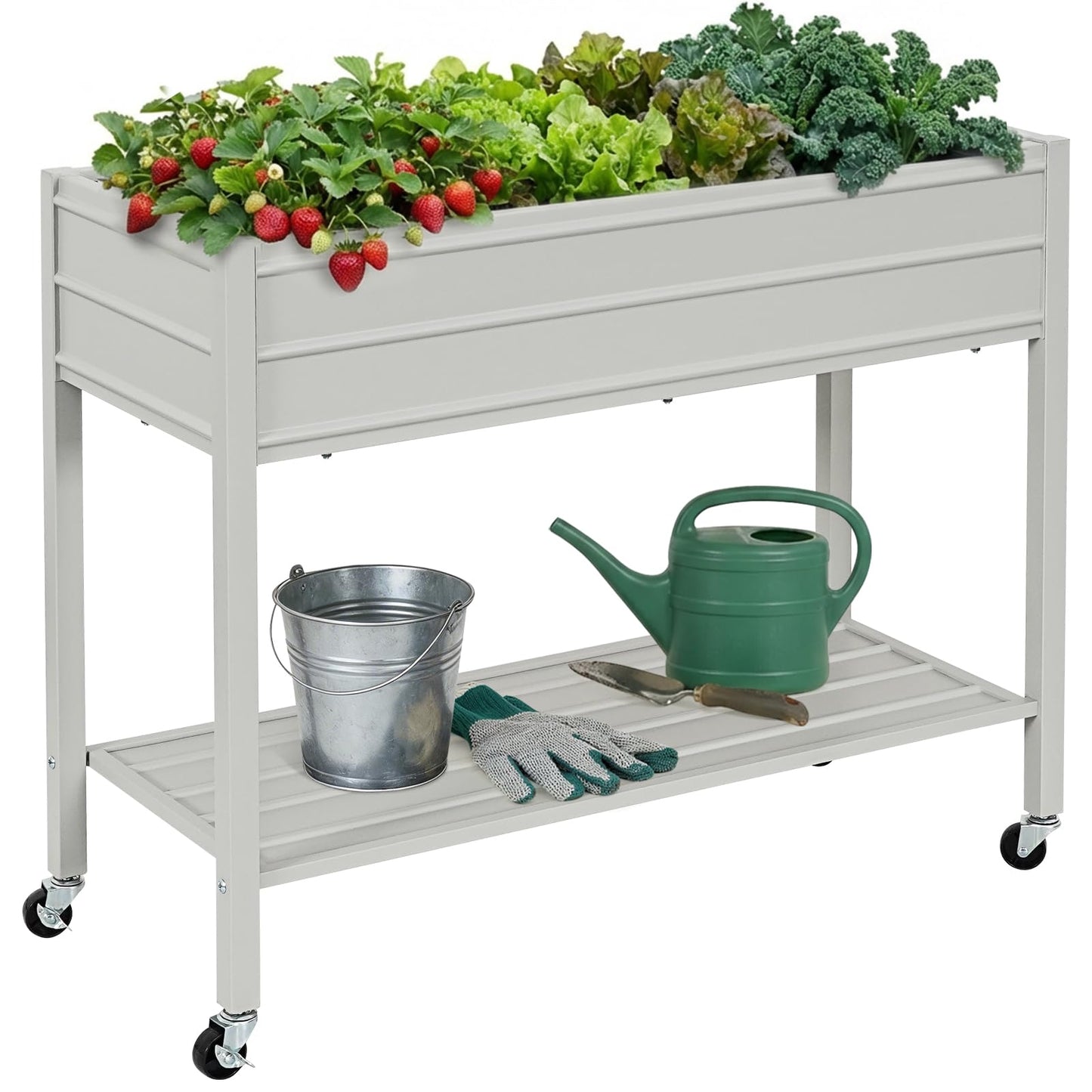 ZORMY 32" Tall Galvanized Raised Garden Bed with Legs Wheels & Shelf, Elevated Planter Box Outdoor for Vegetables, Herbs & Flowers, Patio & Backyard, Garden Bed with 400lb Capacity,Grey