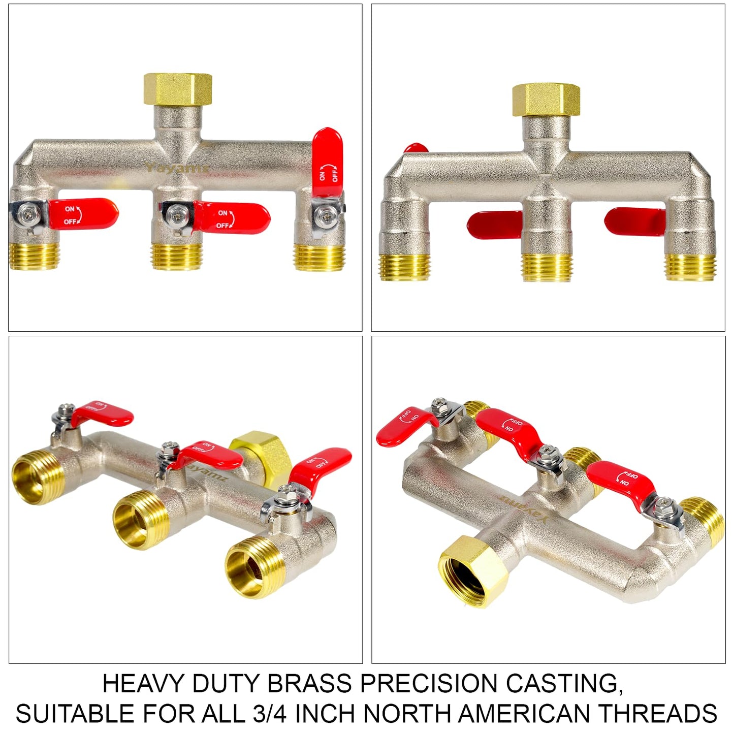 Yayamz Heavy Duty Brass Garden Hose Splitter - 3-Way 3/4" GHT Thread, High Flow Faucet Splitter, Water Hose T Spigot Splitter with Shutoff Valves, Water Adapter & Connector-Long Metal Handle