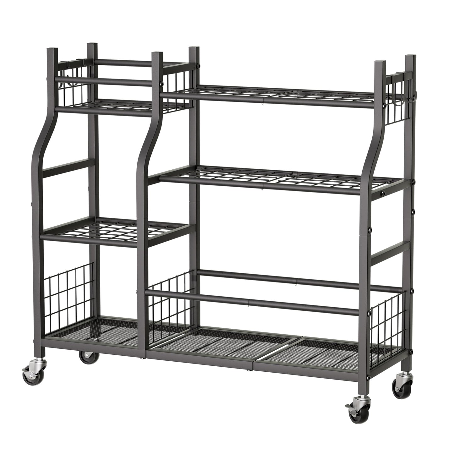 Garden Tool Organizer with Wheels for Garage and Shed, Spacious Tool Storage, Multi-Tier Design with Side Hooks for Rakes, Shovels, Brooms, and Yard Tools Rolling Cart