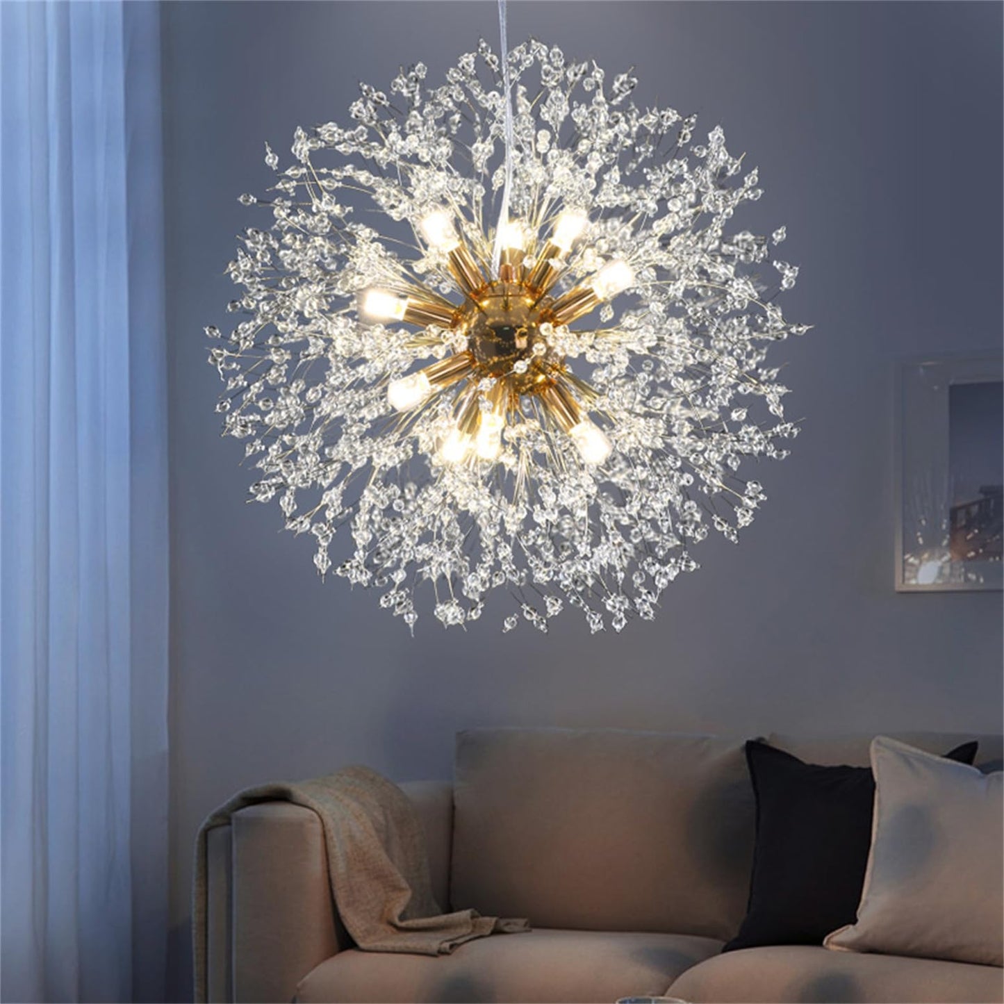 YUFENG Modern Dandelion s, Crystal Fireworks Sputnik Ceiling Light Fixture, Round Pendant Lighting for Dining Room Living Room Bedroom Bathroom Kitchen Foyer Girls Room,Silver 8Lights
