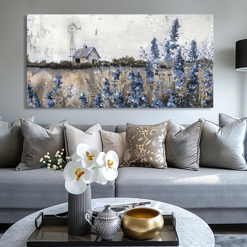 Wall Art Vintage Farmhouse Canvas Print Retro Countryside Flower Field Nature Meadow Landscape Rustic Windmill Barn Picture Framed Artwork for Home Bedroom Living Room Black Purple 40x20in
