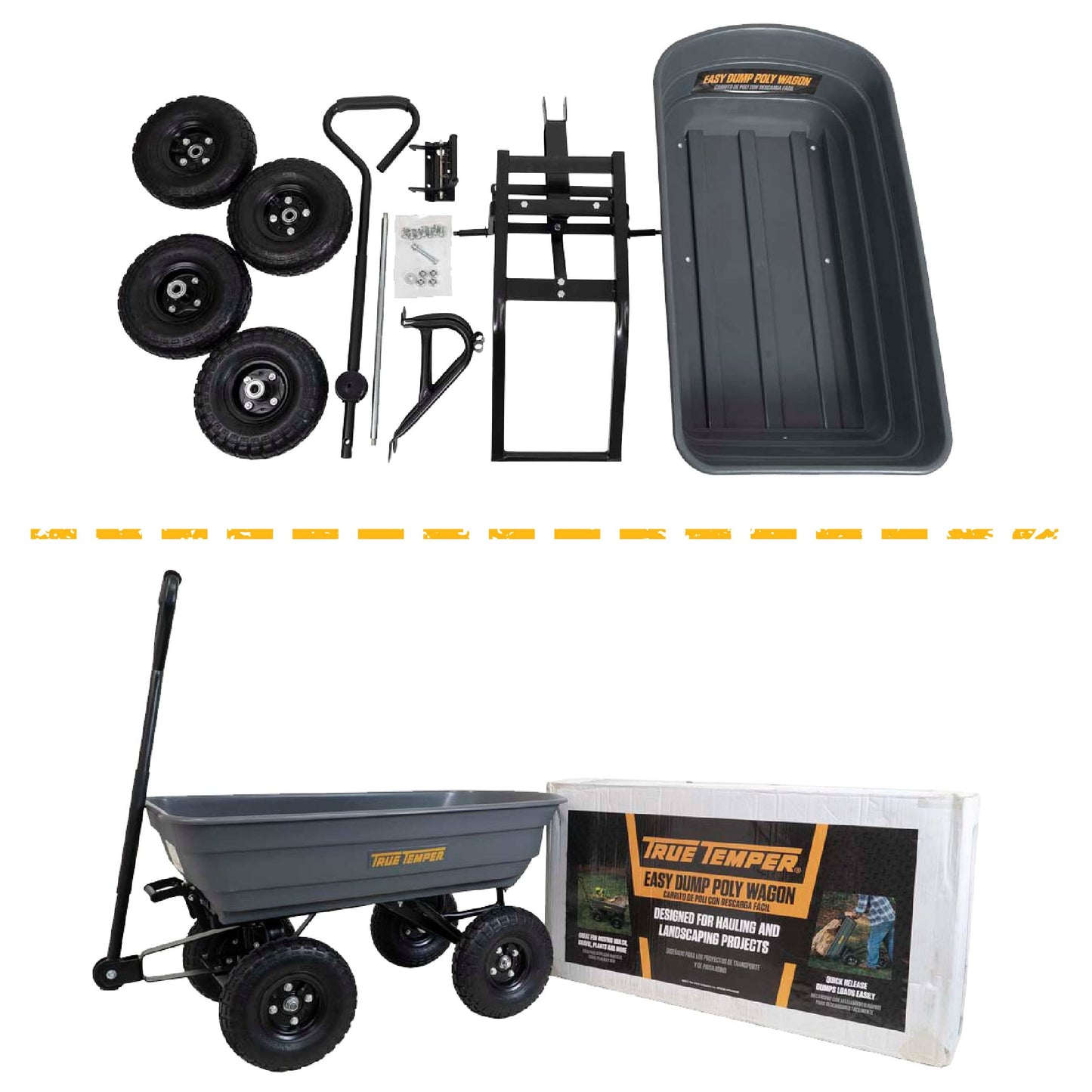 True Temper Poly Garden Cart Wagon, Easy Dump Design, 4 Cu. Ft. Capacity, 10 in. Pneumatic Tires for Lawn, Utility, Yard, Farm