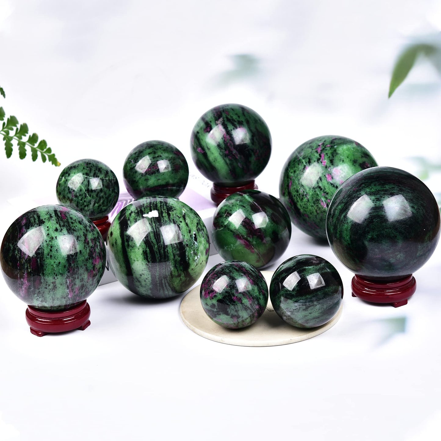 JIC Gem Small Red&Green Treasure Crystal Sphere Ball Natural Ruby Zoisite Healing Crystal Ball with Decoative Stand for Fengshui Meditation Decoation (50-60mm)