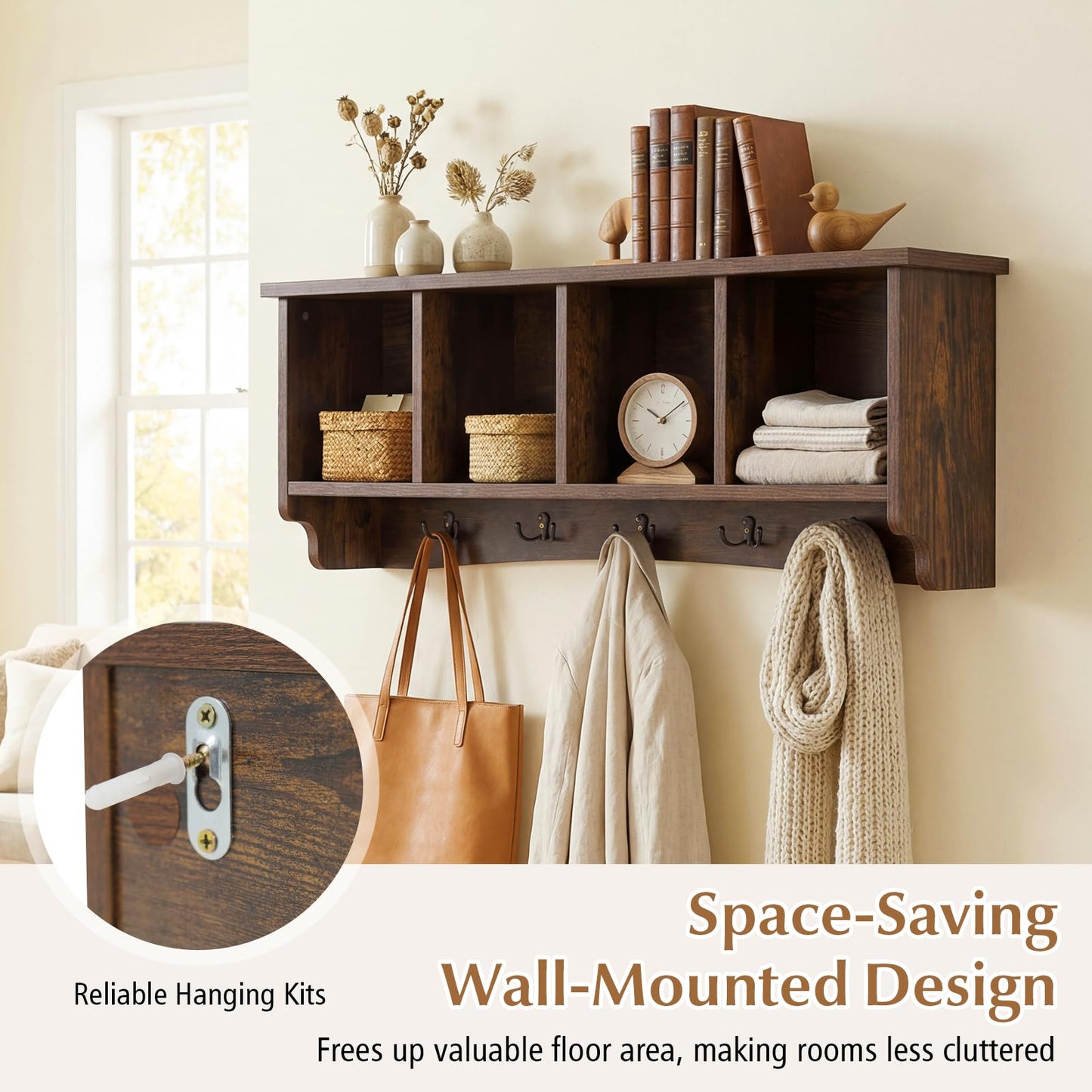 Giantex Wall Mounted Coat Rack, 28.5'' Wooden Floating Shelf with 4 Cubbies & 5 Double Hooks, Modern Space-Saving Storage Display Organizer for Entryway, Hallway, Mudroom (Rustic Brown)
