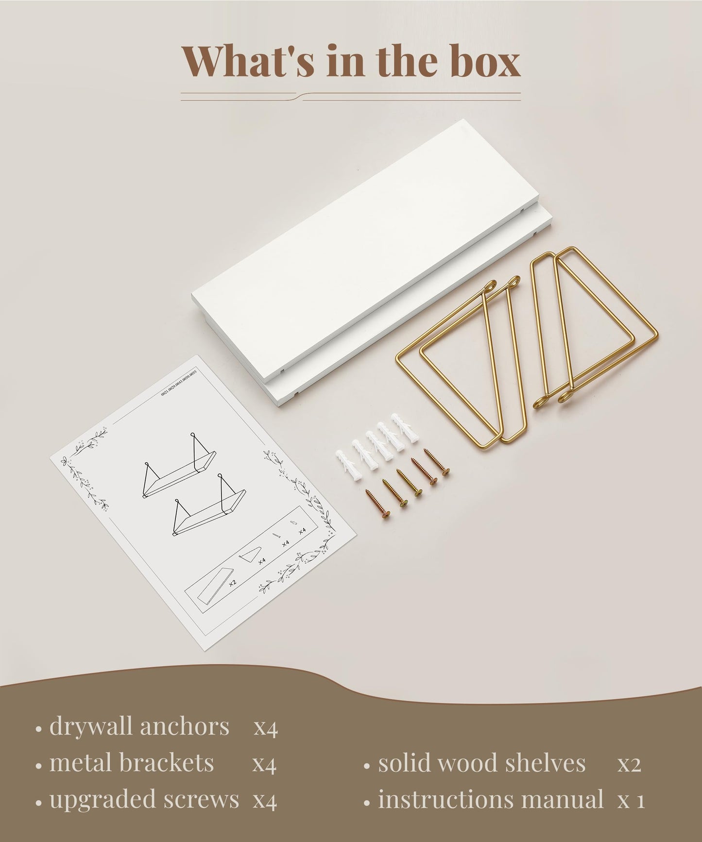 Afuly Floating Shelves for Wall, Metallic Gold White Wall Mounted Shelves, Shelves for Bathroom Kitchen Bedroom Solid Wood Metal Chic Bookshelf, Set of 2