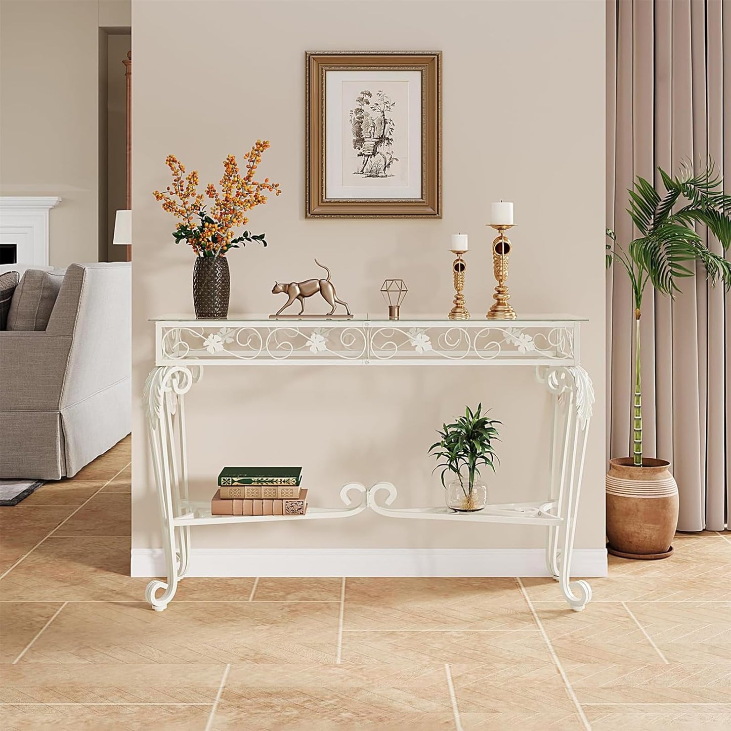 HavenlyYouth Console Table 47.2", Tempered Glass Sofa Table with Metal Frame, Console Tables for Living Room, Entryway, Hallway, Foyer, Adjustable Feet (White)