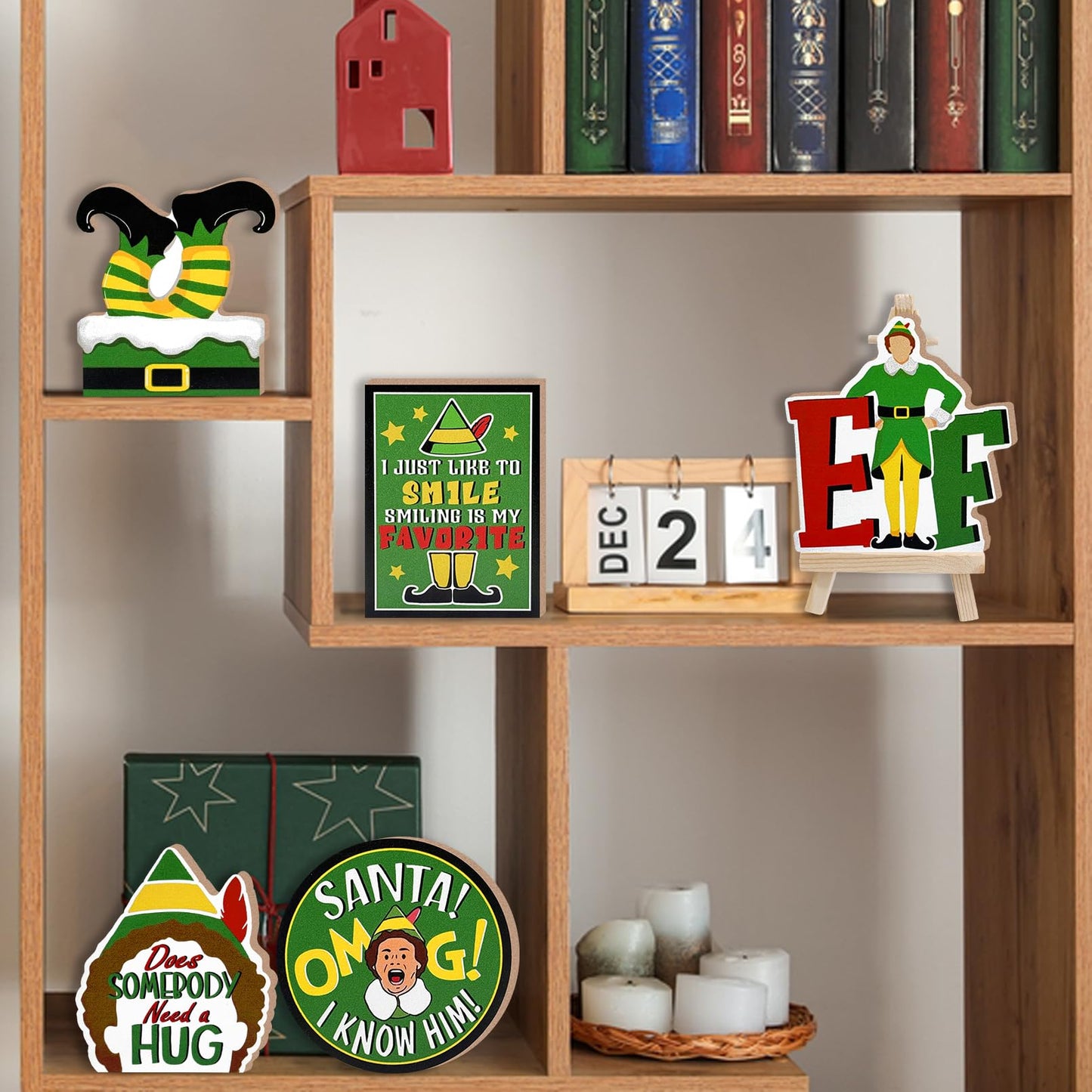YMCAFZ 7 Pcs Christmas Green Elf Tiered Tray Decor, Funny Xmas Son of A Nutcracker Farmhouse Wood Decorations Set, Winter Holiday Rustic Wooden Decorative Signs for Home Table Shelf