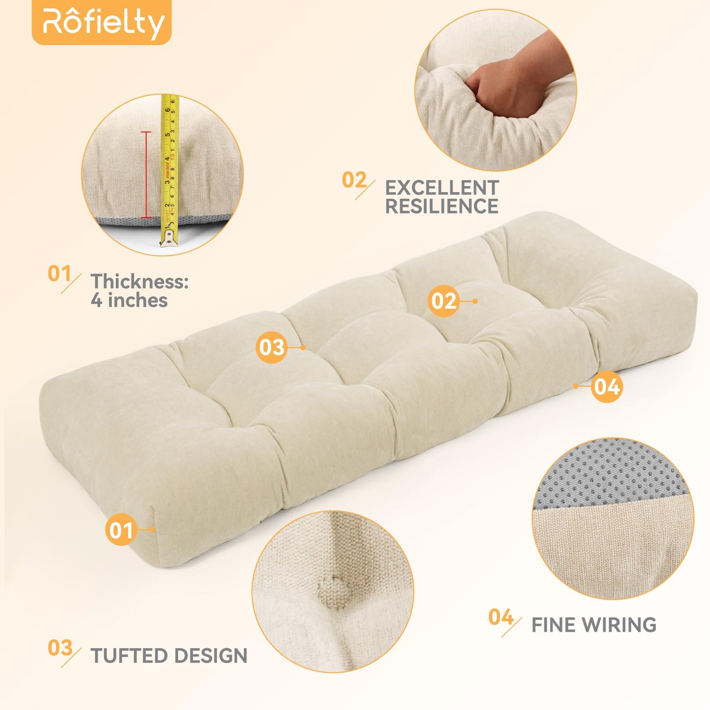 ROFIELTY Bench Cushion 45 Inch, Non-Slip Tufted Bench Cushion for Indoor Furniture for Bay Window, Entryway Bench, Piano Seat(Chenille-Beige, 45x18x4)