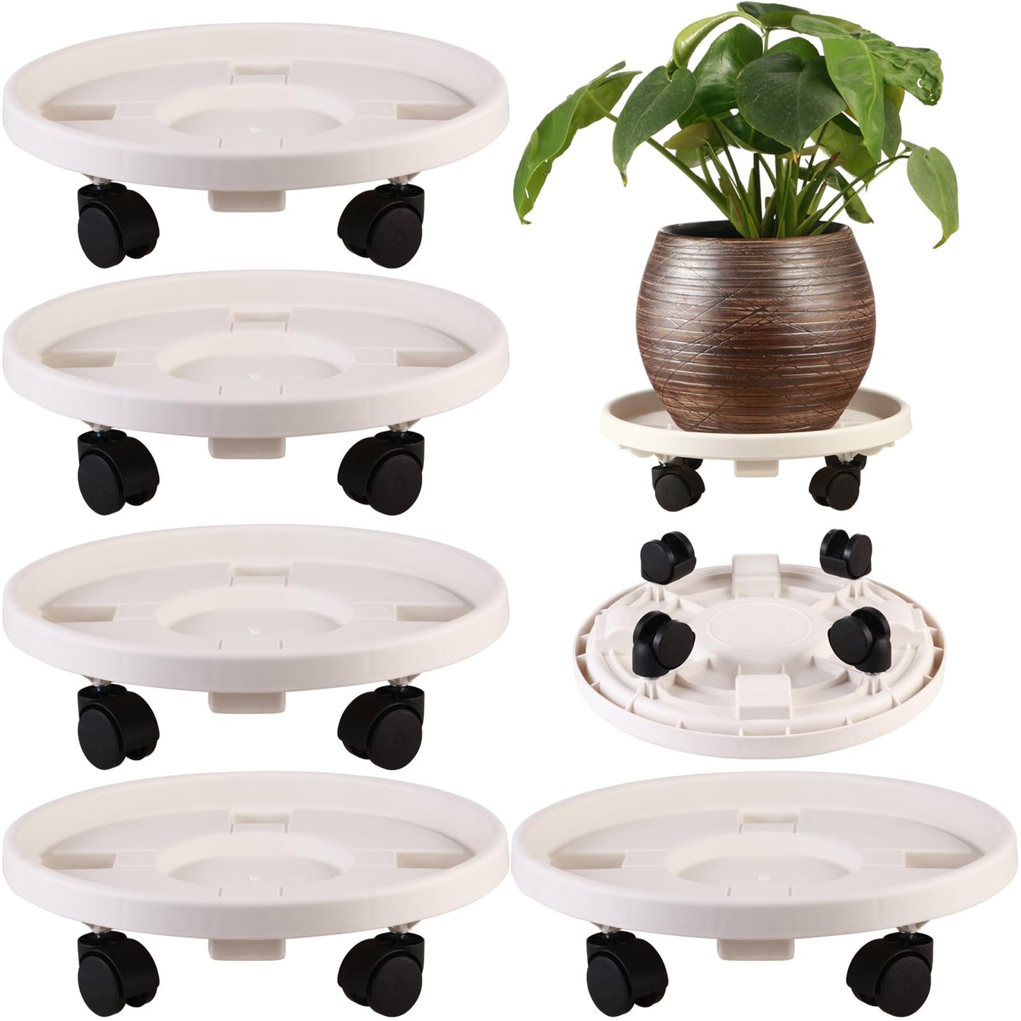 5 Pakcs Large Plant Caddy with Wheels 15.8" Rolling Plant Stands Heavy-duty Plastic Plant Roller Base Pot Movers Plant Saucer on Wheels Indoor Outdoor Plant Dolly with Caster Tray Coaster White