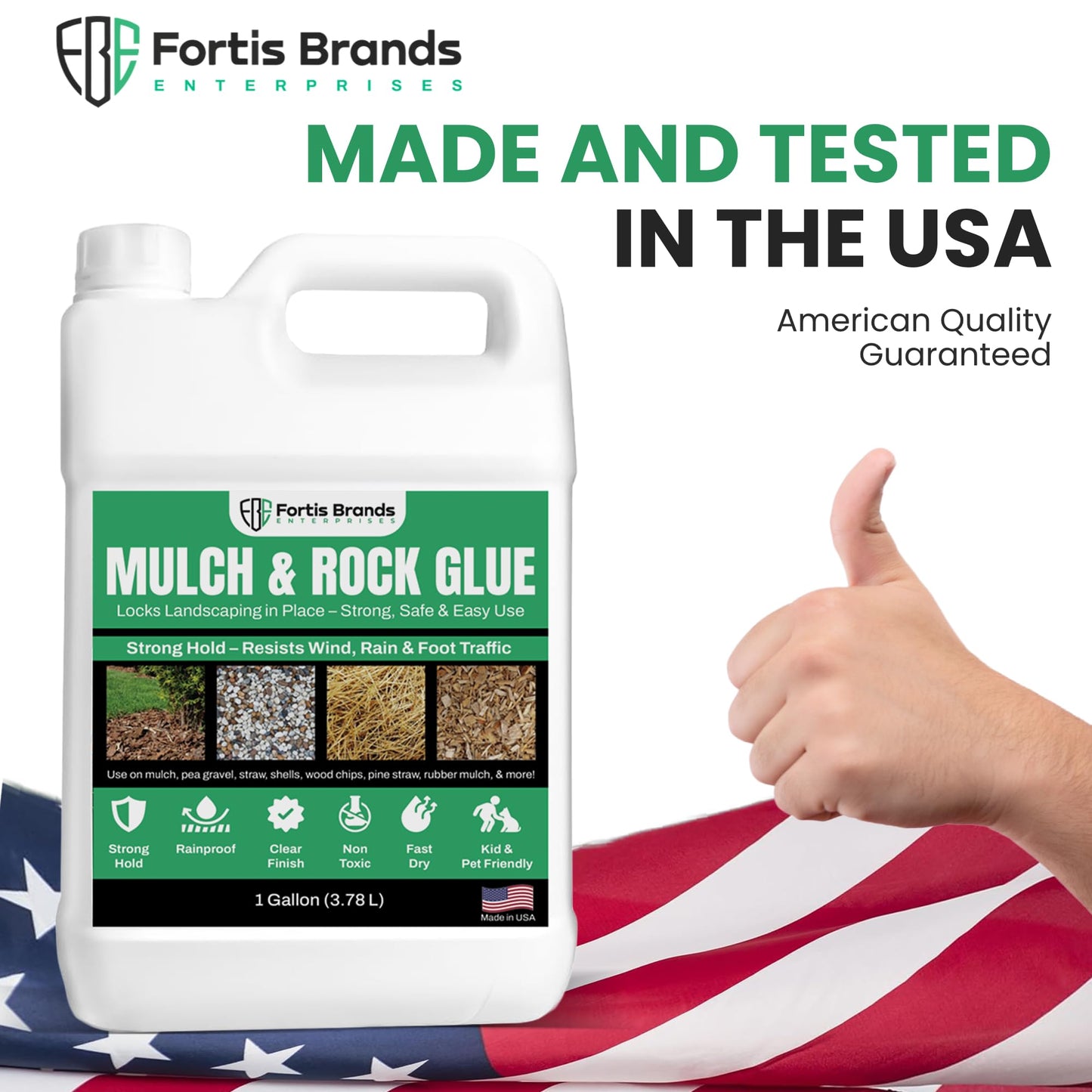 FBE Fortis Mulch Glue and Rock Glue for Landscaping - 1 Gallon Pet and Plant Friendly Gardening Adhesive, Heat Resistant, Max Hold on Mulch, Rock, Pea Gravel, Shells, Straw, Stone, Hay and More