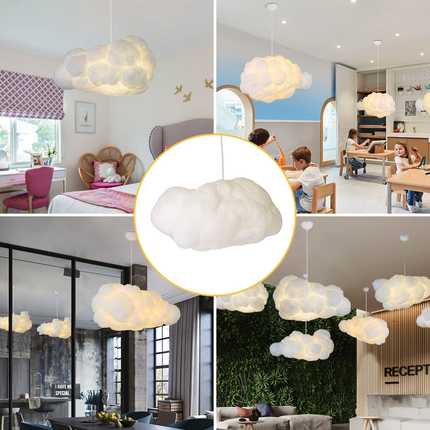 Funteam Modern Floating White Cloud Pendant Hanging Light Nordic Cotton Ceiling Light Fixture Girls Children's Living Room Bedroom Hotel Lobby Restaurant Clothing Store Chandelier (15.7Inch)