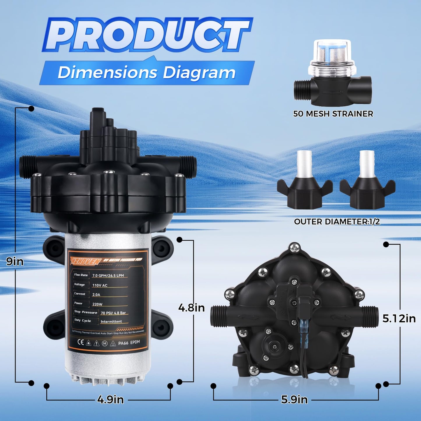 Upgraded 110V AC Fresh Water Pump, 7GPM 70PSI, Five Chamber Self-Priming Diaphragm Pump with Heavy Duty Pressure Switch & Strainer for RV, Marine,Home Water System, Irrigating & Industrial Settings