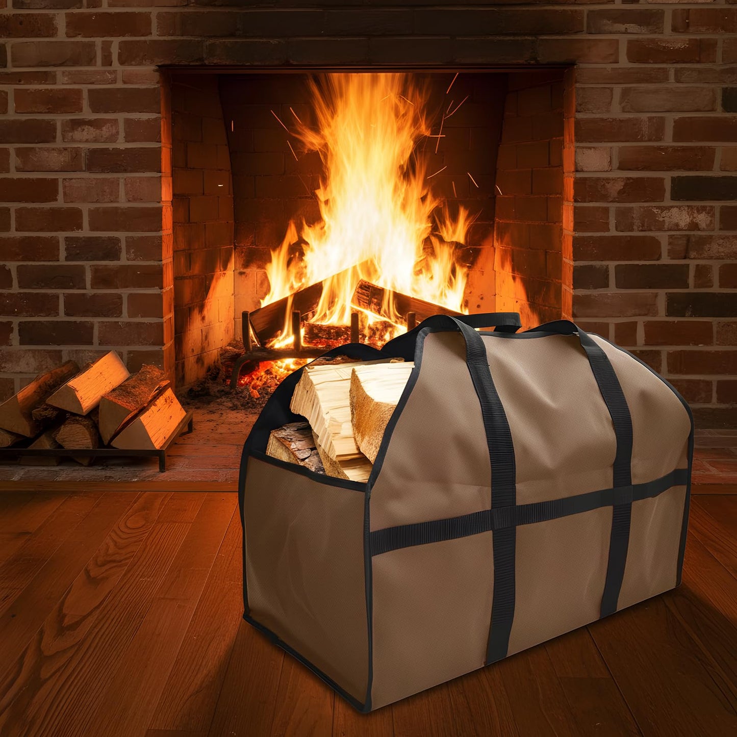 LBTING Firewood Log Carrier, Heavy Duty Oxford Log Tote Wood Carrying Bag with Handle Strap, Suitable for Indoor Fireplace and Outdoor Camping - Brown
