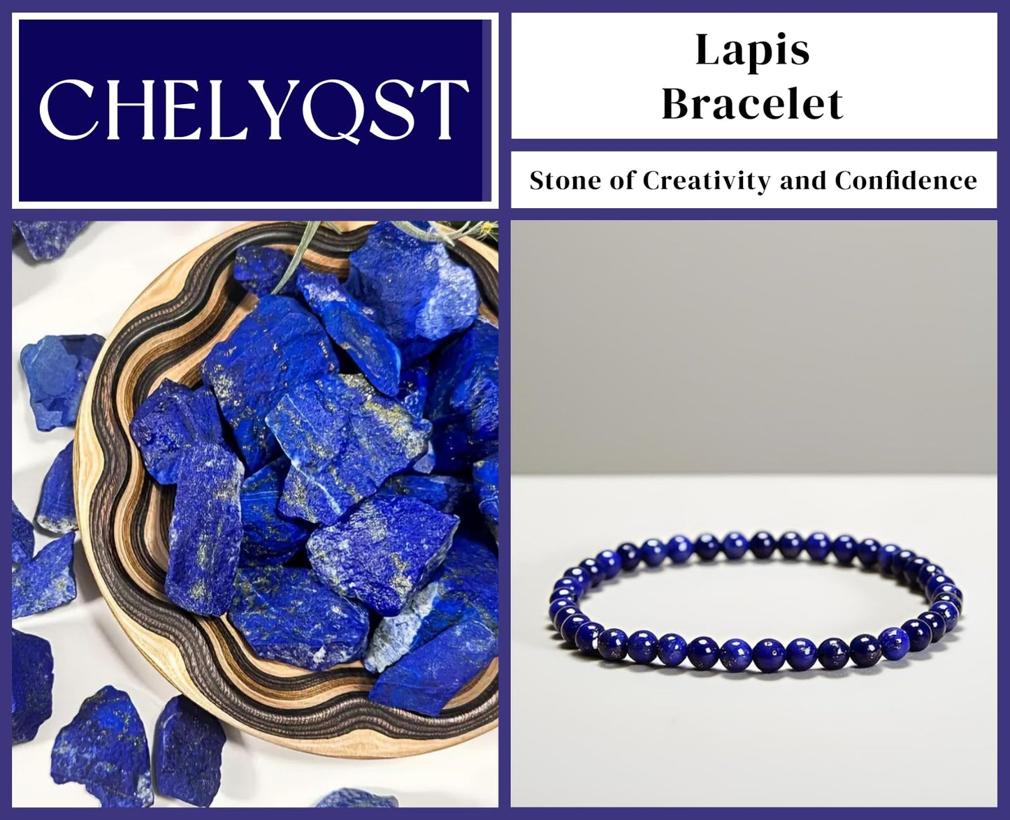 CHELYQST Lapis Lazuli Bracelet - Stone of Creativity and Confidence,Stretch Natural Stone Crystal Beads Jewelry Gifts for Women Men Unisex Adult,4mm