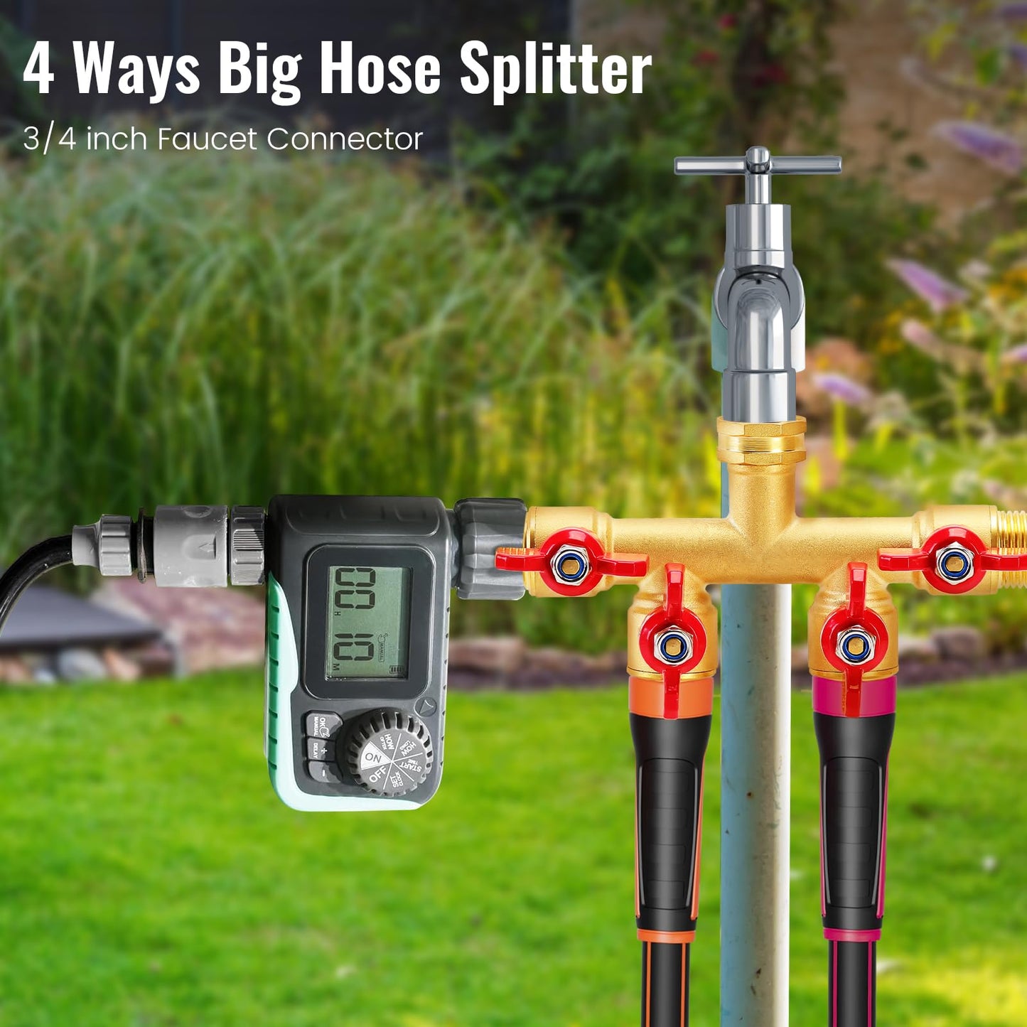 FINEST+ 4 Way Brass Hose Splitter, Solid Brass High Volume 4 Way Hose Splitter Valve with Metal Handle, Hose Connector 3/4", Hose Spigot Adapter 4 Valves with 4 Extra Rubber Washers