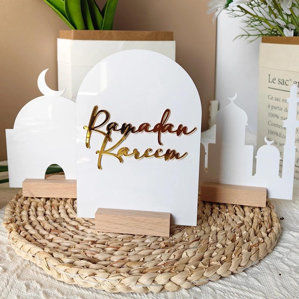 wfljl 3-Piece Ramadan Decoration for Table, Wooden Eid Mubarak Table Decor Set with Moon and Star, Reusable Ramadan Ornaments for Home