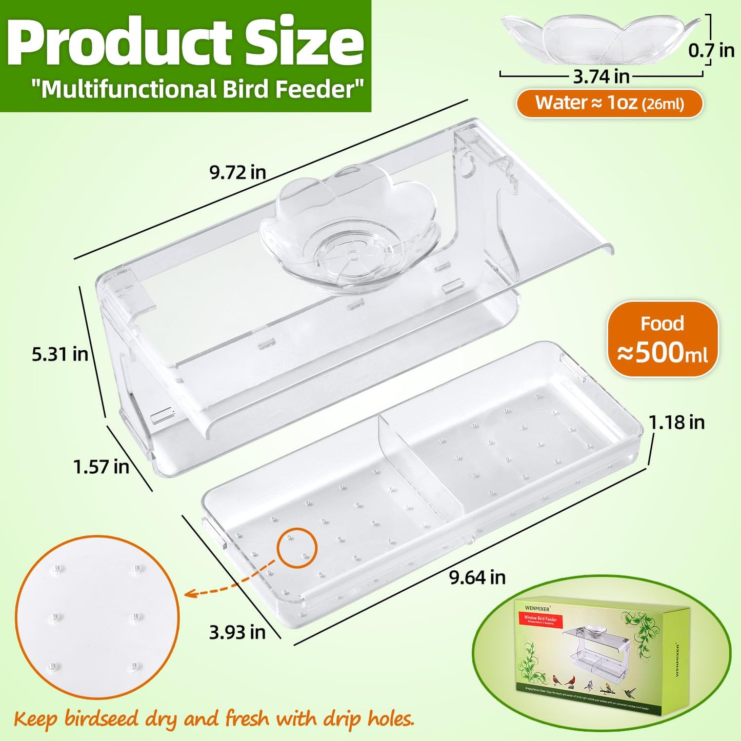 WENMIXER Window Bird Feeder with Non-Marking Self-Adhesive Hooks, Clear and Transparent, Outdoor Wild Bird Watching Gift, Garden Decor (Standard)
