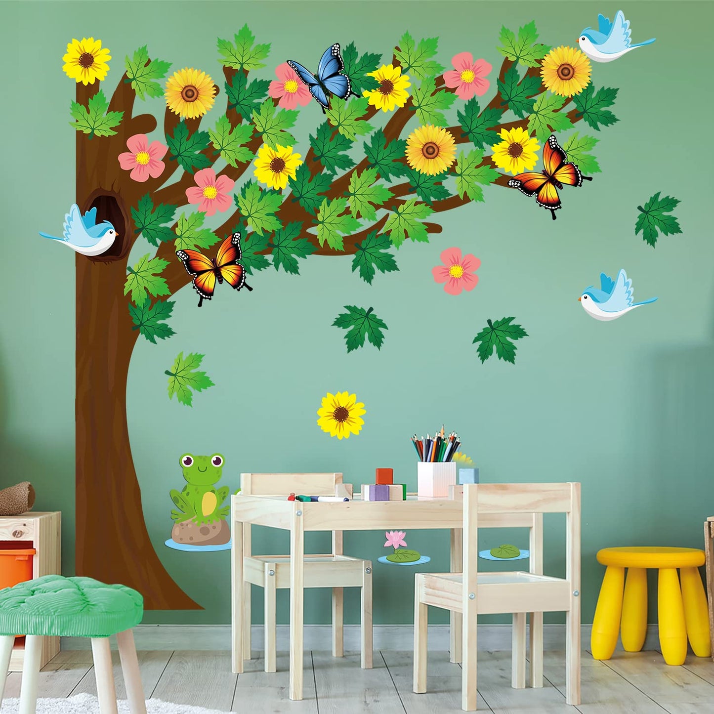 MALLMALL6 198Pcs Classroom Tree Bulletin Board Decor Seasonal Tree Summer Autumn Winter Spring Cutouts Border Set Four Seasons Chalkboard Wall Decorations for Kindergarten Elementary School Home