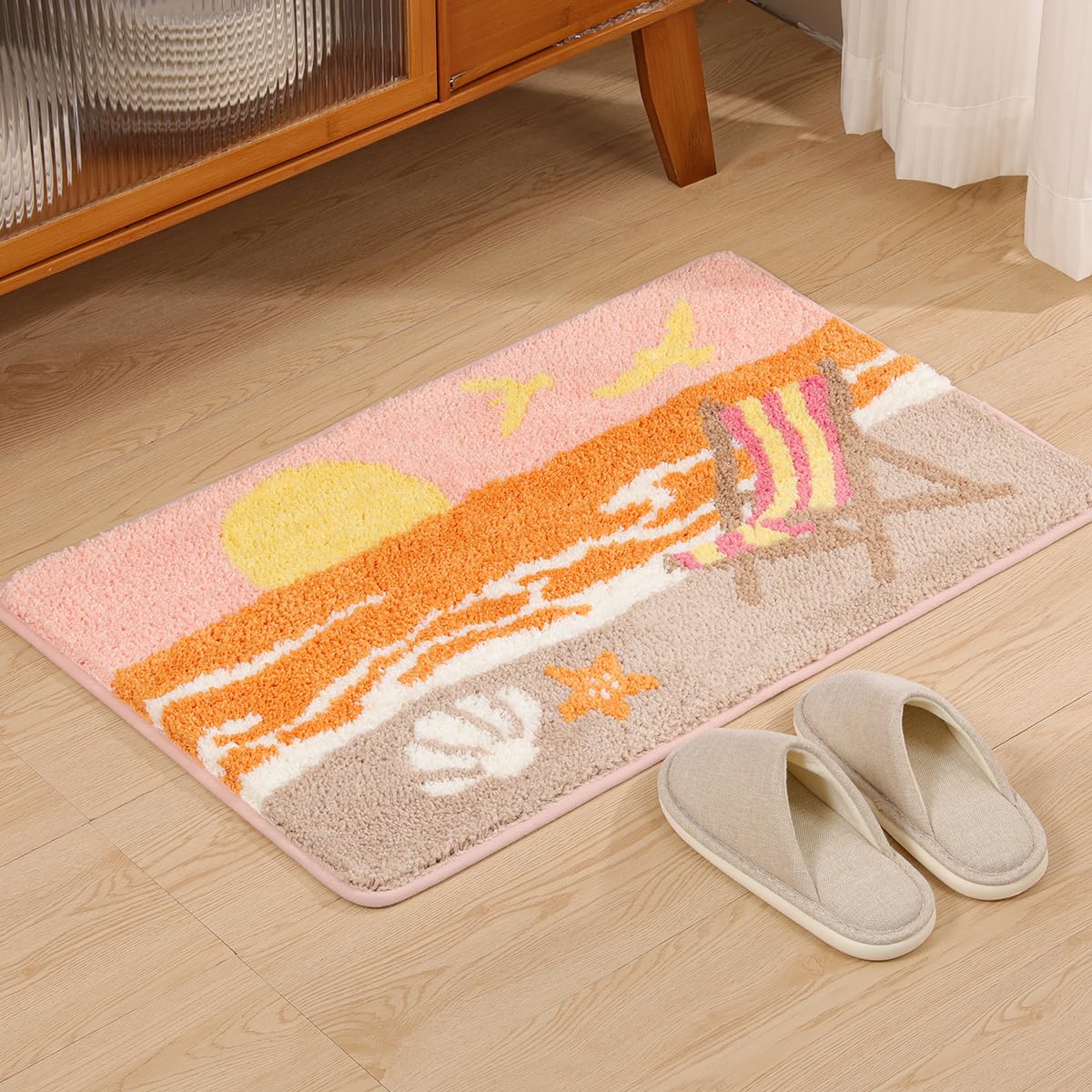 Cute Beach Bath Rug Super Absorbent Non Slip Modern Bathroom Mat Machine Washable Fluffy Carpet for Tub, Shower and Bedroom (Pink Beach, 23"x16")