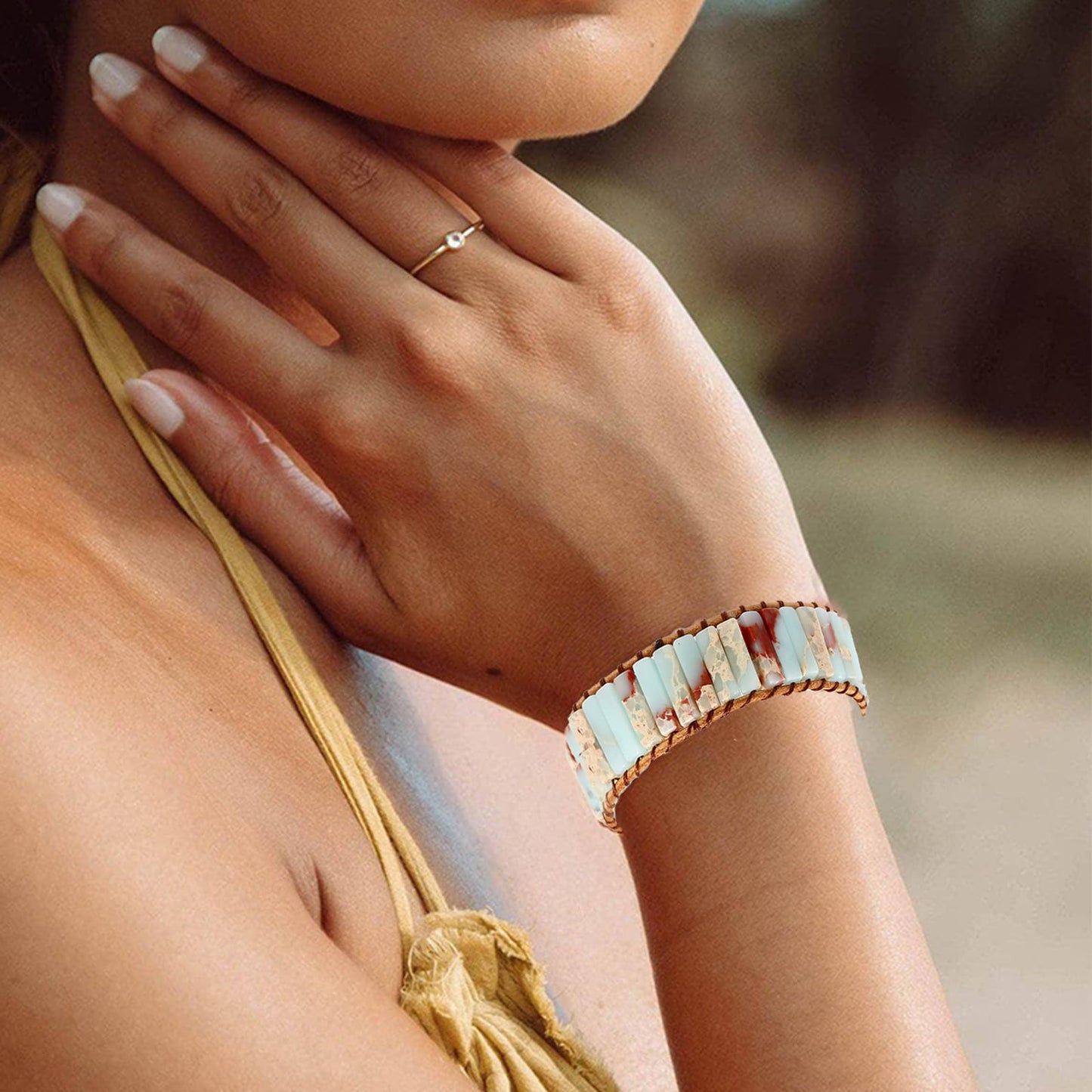 Plumiss Boho Agalmatolite Beaded Wrap Leather Bracelet Jewelry