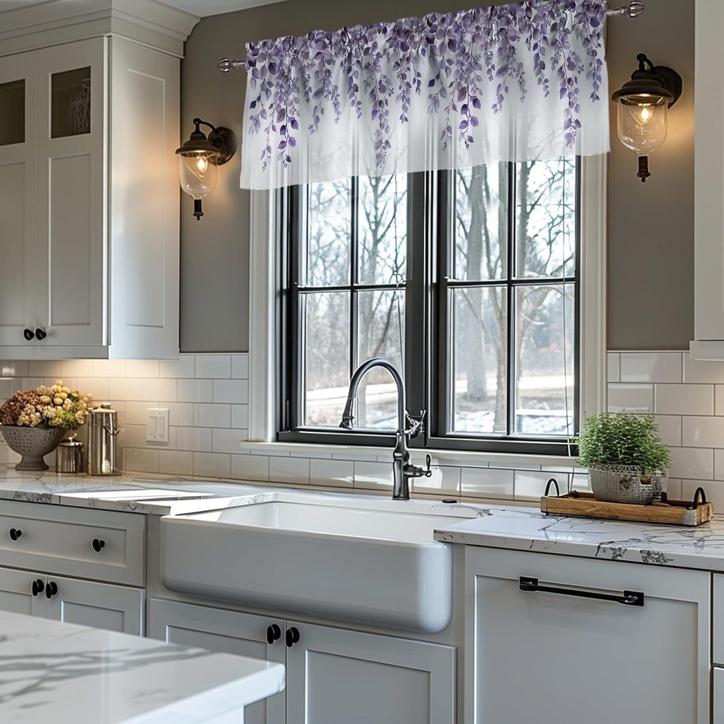 Potanhugie Valances for Windows Purple Eucalyptus Leaf Rod Pocket Cafe Window Treatments Valance Curtains for Kitchen Bathroom Laundry Basement Windows 42 x 12 inch