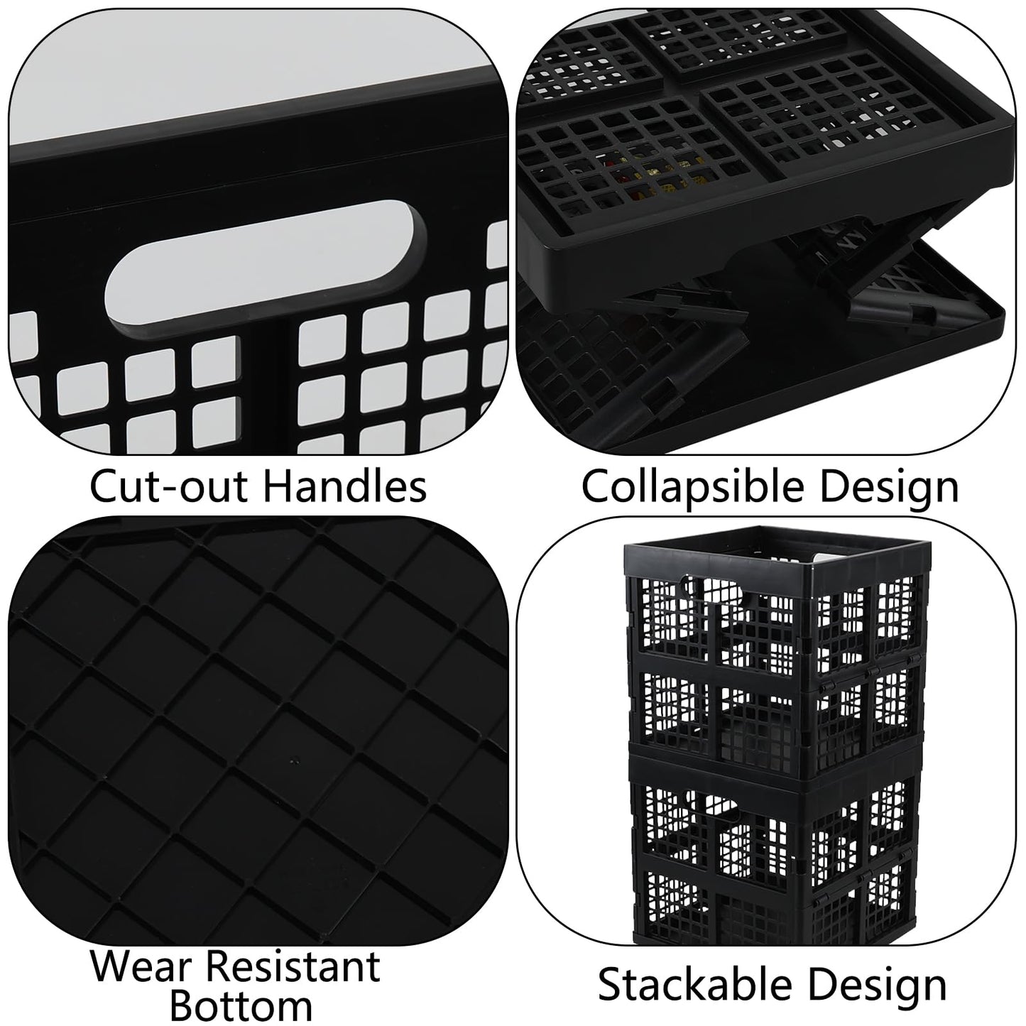 Utiao 18 L Collapsible Storage Crates, Square Plastic Crates, Black, 3 Pack