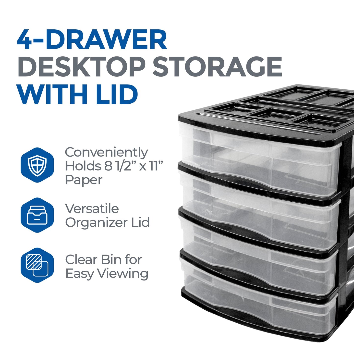 Gracious Living 4-Drawer Desktop and Countertop Storage Organizer Drawer Set, Plastic Office Desk Organizer, Black/Clear