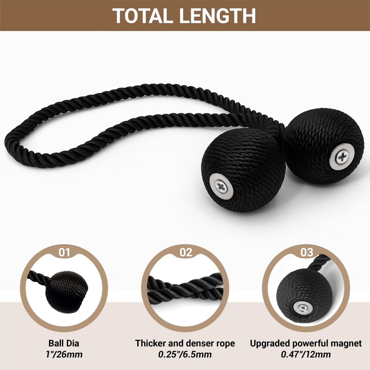 Hion Magnetic Curtain Tiebacks Black 2pcs, Curtain Tiebacks Buckles Holdbacks Holders Hooks Clip for Home Outdoor Bedroom Office Decorative Curtain