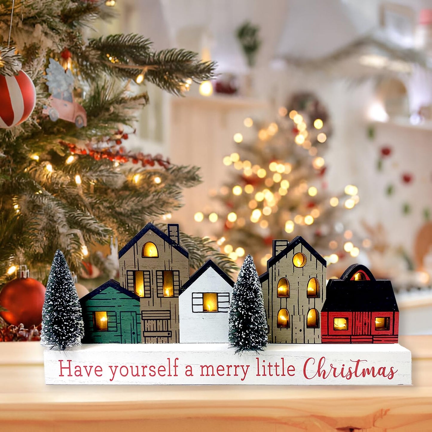 Christmas Decorations for Home Led Lighted Merry Christmas Tree Decor with Timer Wooden Rustic Farmhouse Tabletop Block Xmas Party Holiday Signs