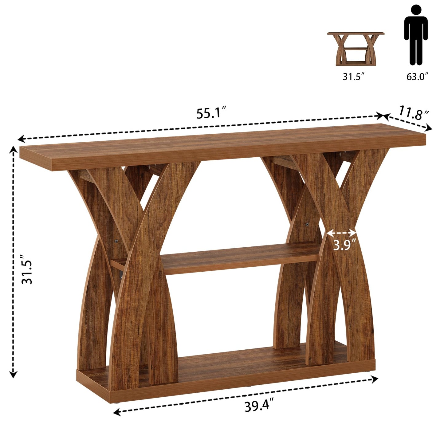 Tarnorci Console Tables, 55-Inches Walnut Console Table with Storage 3-Tier Farmhouse Narrow Entryway Table for Living Room, Hallway, Foyer(Brown)