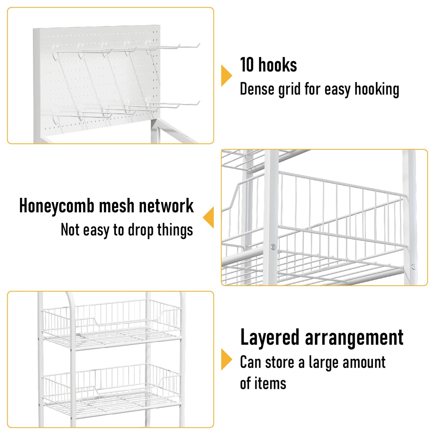 Qriocioa Retail Snack Display Rack 4-Tier White Metal Candy Potato Chip Metal Wire Display Shelf Brackets with Wheels & Hooks Multifunctional Snack Shelf Organizer for Pantry Kitchen, White