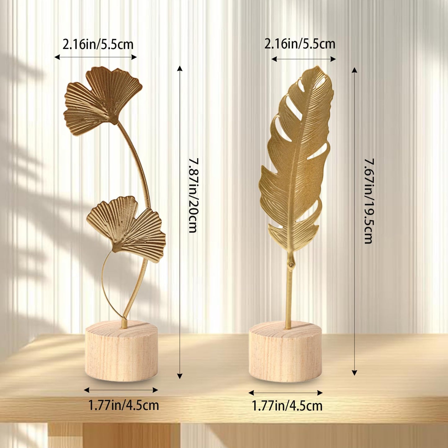 Milnnie Two-Piece Luxury Nordic Metal Leaf Sculptures – Elegant Gold Ginkgo & Palm Leaf Art Décor, Modern Minimalist Metal Craft for Living Room, Entryway, Wine Cabinet, Home & Office Decoration