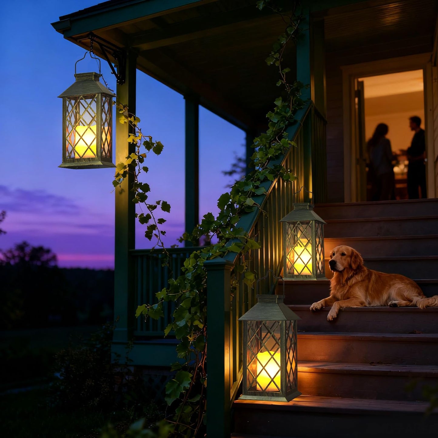 Otdair Solar Lanterns Outdoor Waterproof, 2 Pack 14" Solar Lantern with Glass Retro LED Flickering Flameless Candle,Lanterns Decorative Outdoor for Gift, Yard, Garden, Patio, Balcony,Porch, Party