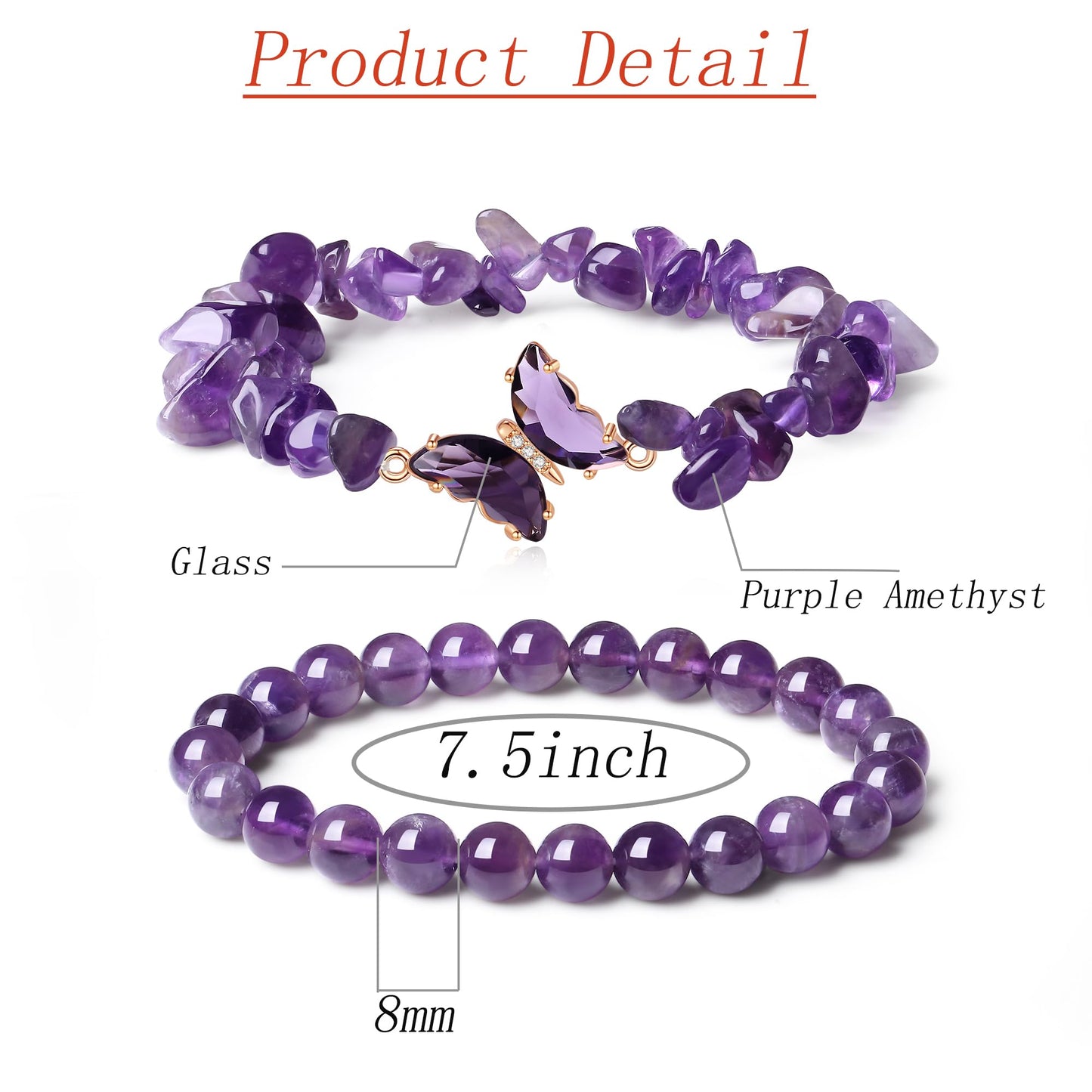 DUQGUHO Purple Bracelets for Women, Butterfly Bracelets for Women, Healing Anxiety Amethyst Bracelet, Butterfly Charms Crystal Jewelry Purple Gifts for Woman 2PCS
