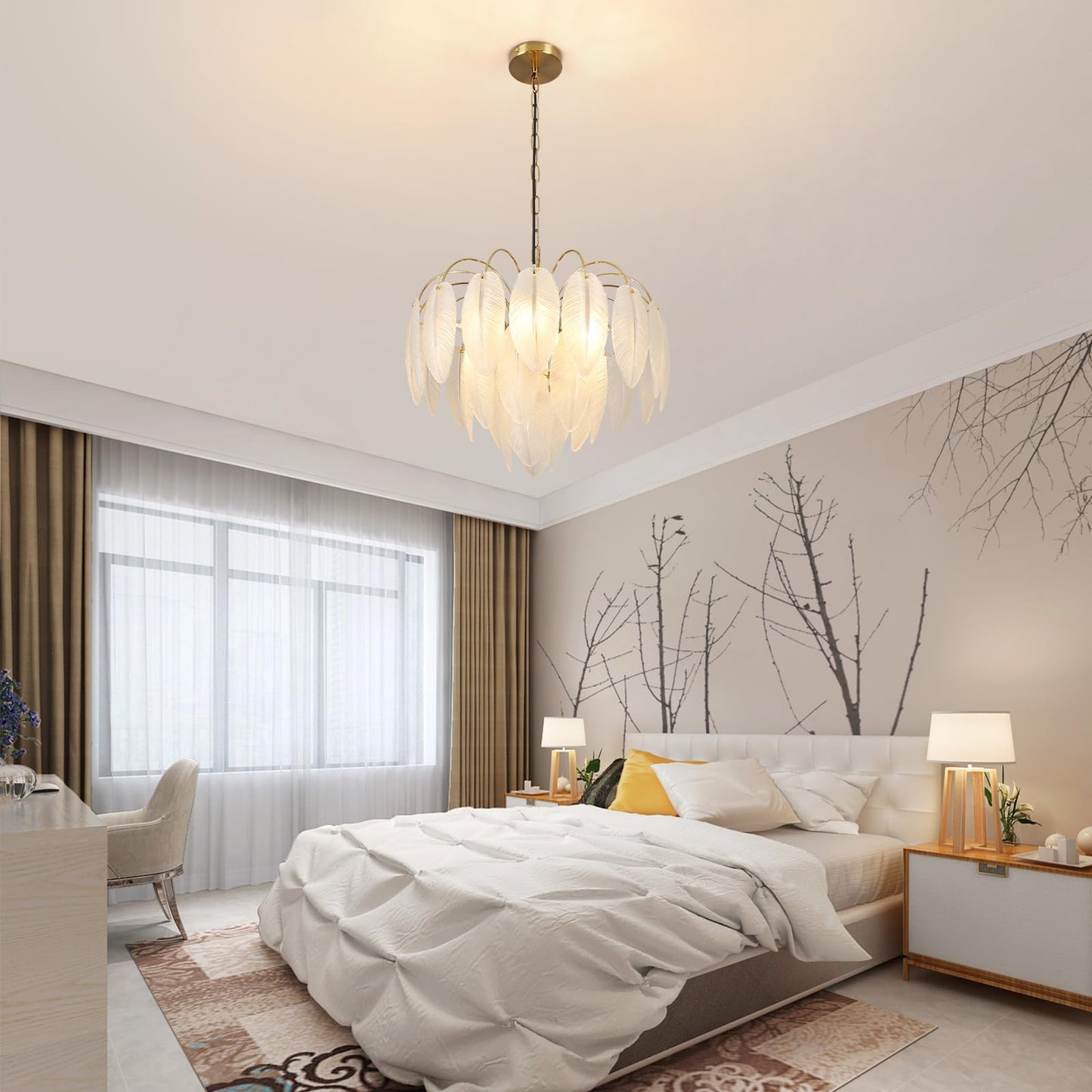 KELUOLY Modern Gold Chandelier, 19.29" Creativity Feather Glass Pendant Ceiling Light Fixtures 6-Light Round Chandelier Luxury 3 Tiers Hanging Chandelier for Dining Room Foyer Living Room Bedroom
