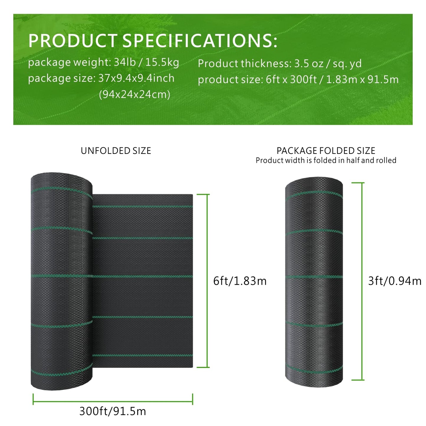 mychoiii 6ft x 300ft Weed Barrier Landscape Fabric, 3.5oz Heavy Duty Woven Ground Cover, 1800 Sq Ft Coverage Geotextile Weed Cloth for Gardening, Driveway, French Drain - UV Resistant