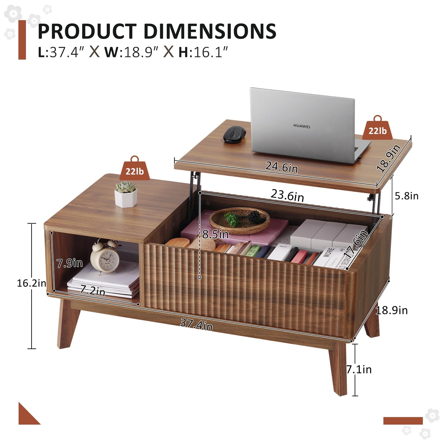 LYNCOHOME Fluted Lift Top Coffee Table with Storage, Modern Coffee Table for Living Room, Home Office(Walnut)