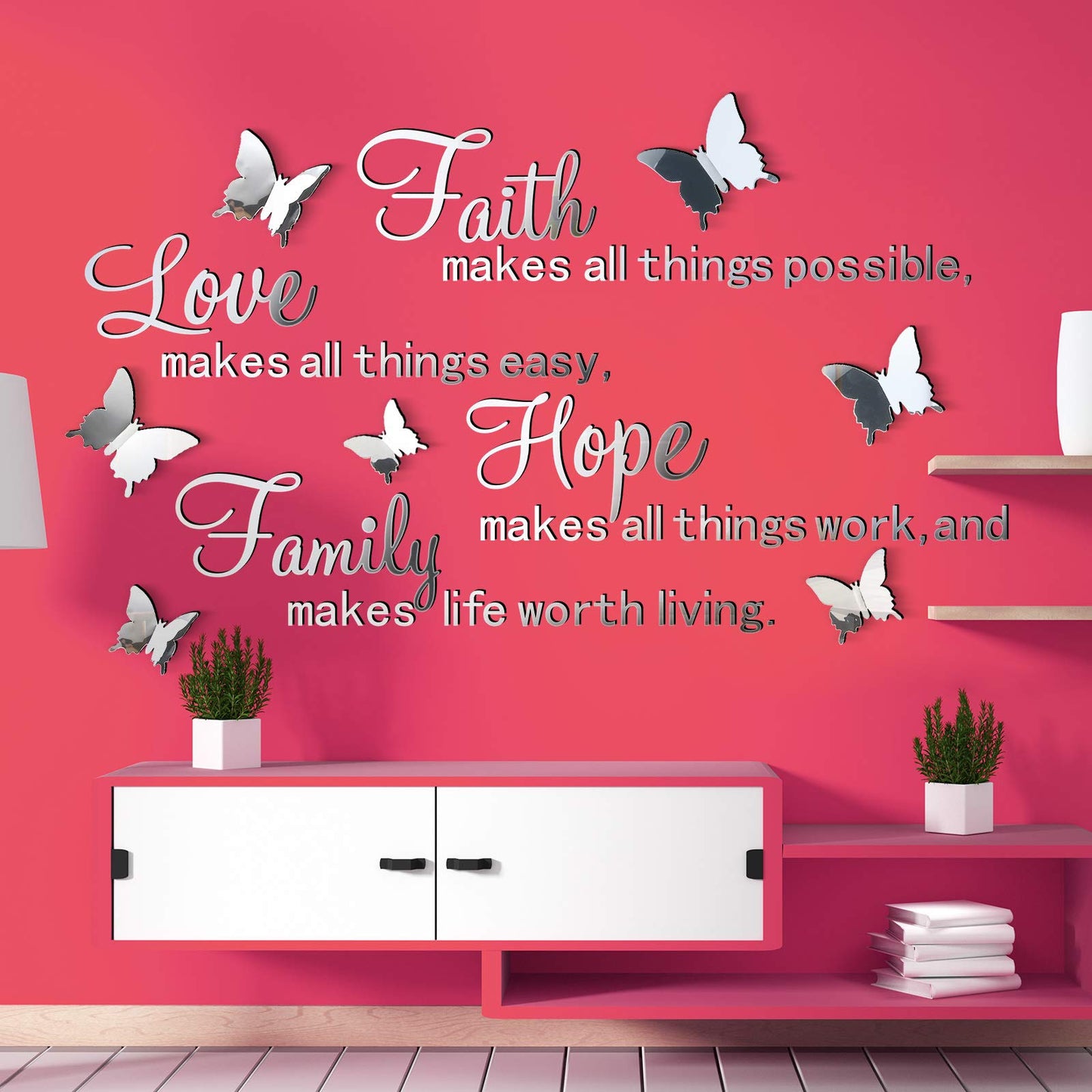 3D Acrylic Mirror Wall Decor Stickers Removable Butterfly Mirror Wall Stickers DIY Faith Makes All Things Possible for Home Office School Teen Dorm Room Decoration(Silver)