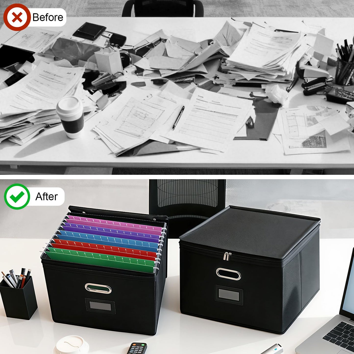 4 Pack File Organizer Boxes with Lids, Collapsible Document Storage Bin with Mesh Pockets & Zipper, Fits Letter/Legal Size Folders for Home Office Moving Classroom Organization (Black, No Folders)
