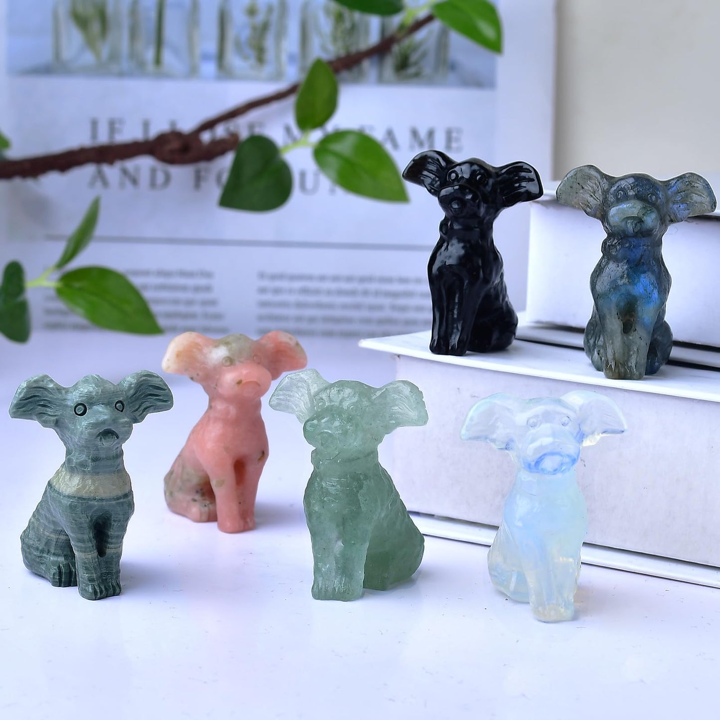 Ytbeoxk 1.8 Inch Opal Dog Crystal Figurines Home Decor,Hand-Carved Healing Crystals,White Dog Cute Puppy Statues Stone Energy Gemstones,in Bedroom Office Memorial Gifts for Women and Men