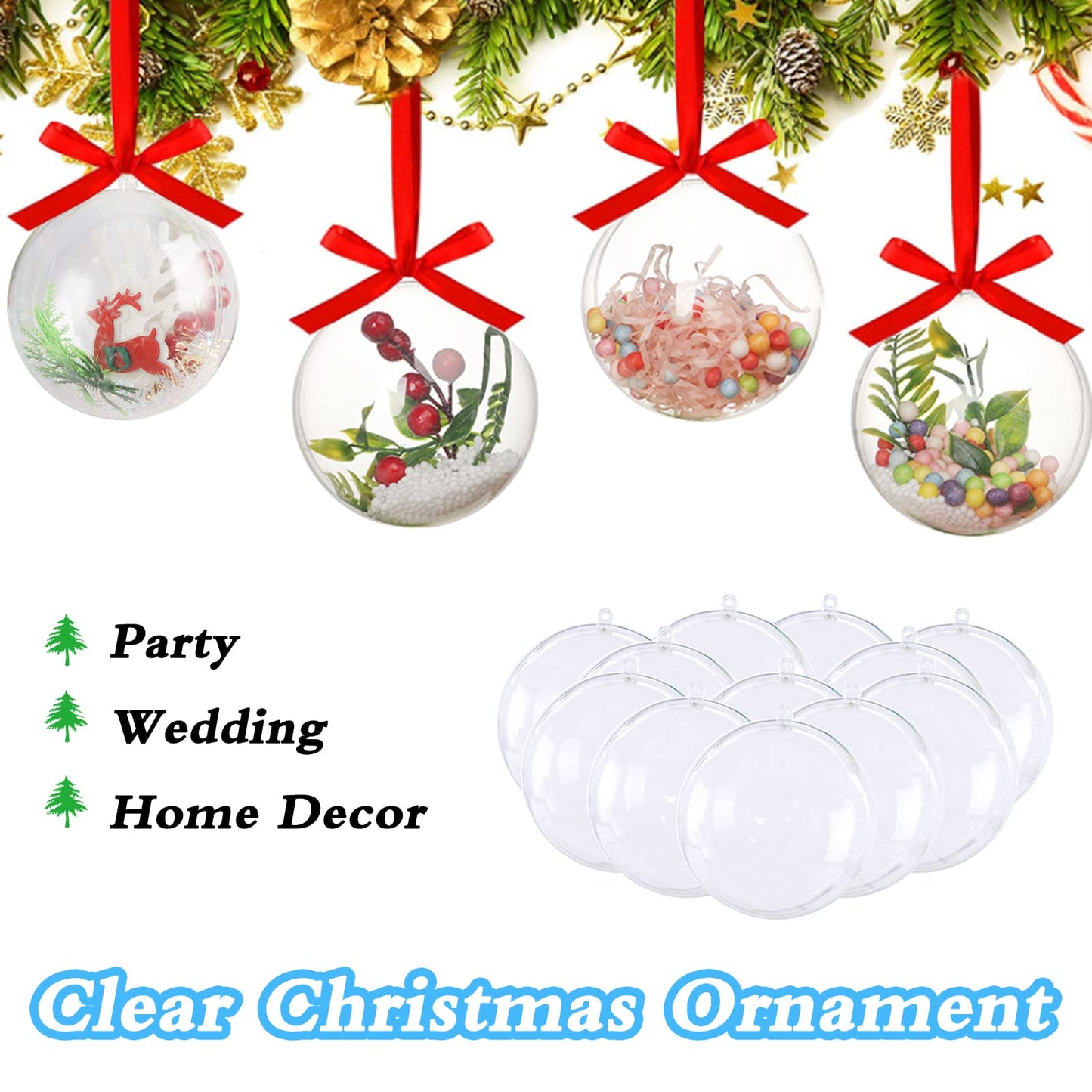 25 Set 50PCS Clear Plastic Fillable Ornaments,Transparent DIY Craft Ball,Clear DIY Christmas Ornament 5 Different Sizes for Wedding,Party,Home Decor