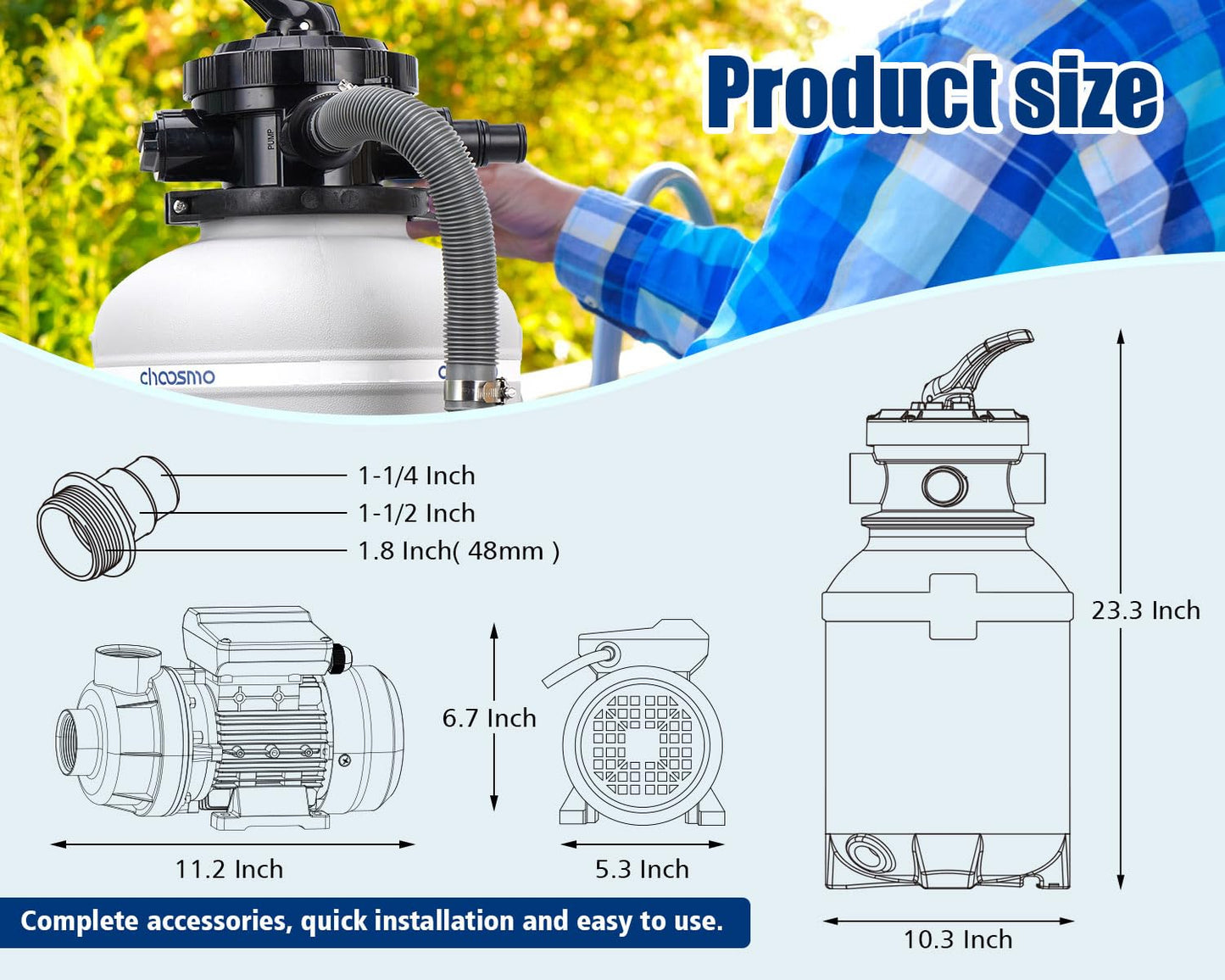 CHOOSMO 10" Sand Pool Filter System with 6 Way Valve and 2220GPH Pool Pump for Above Ground Pools Easy to Use for Water Circulation