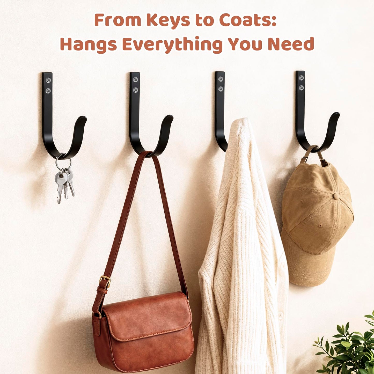 Wall Hooks for Hanging, Large Coat Hooks Wall Mount, Heavy Duty Screw in Metal Hooks for Wall (22LB), Towel Hooks for Bathrooms, Door, Mudroom, Backpack, Clothes, Closet, Purses, Black, 4 Pack