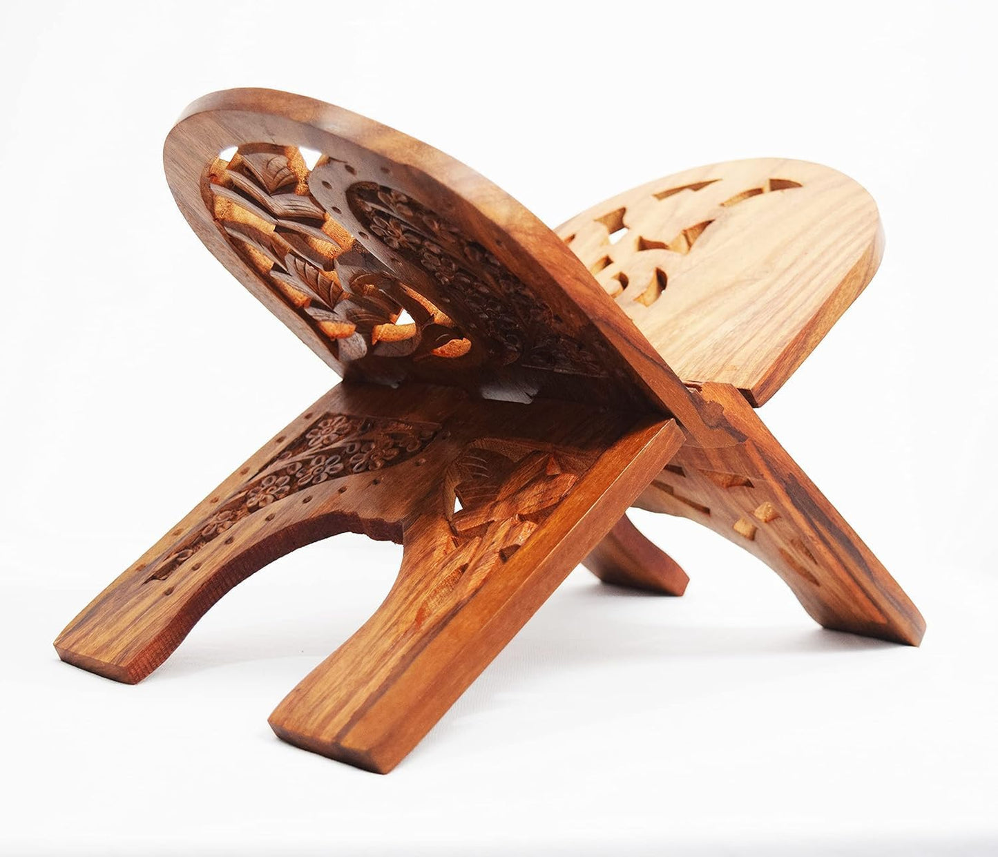 Rihal Rehal Handmade Wooden Quran Holder - Folding Book Reading Stand, Floral Design Curved Magazine Holder