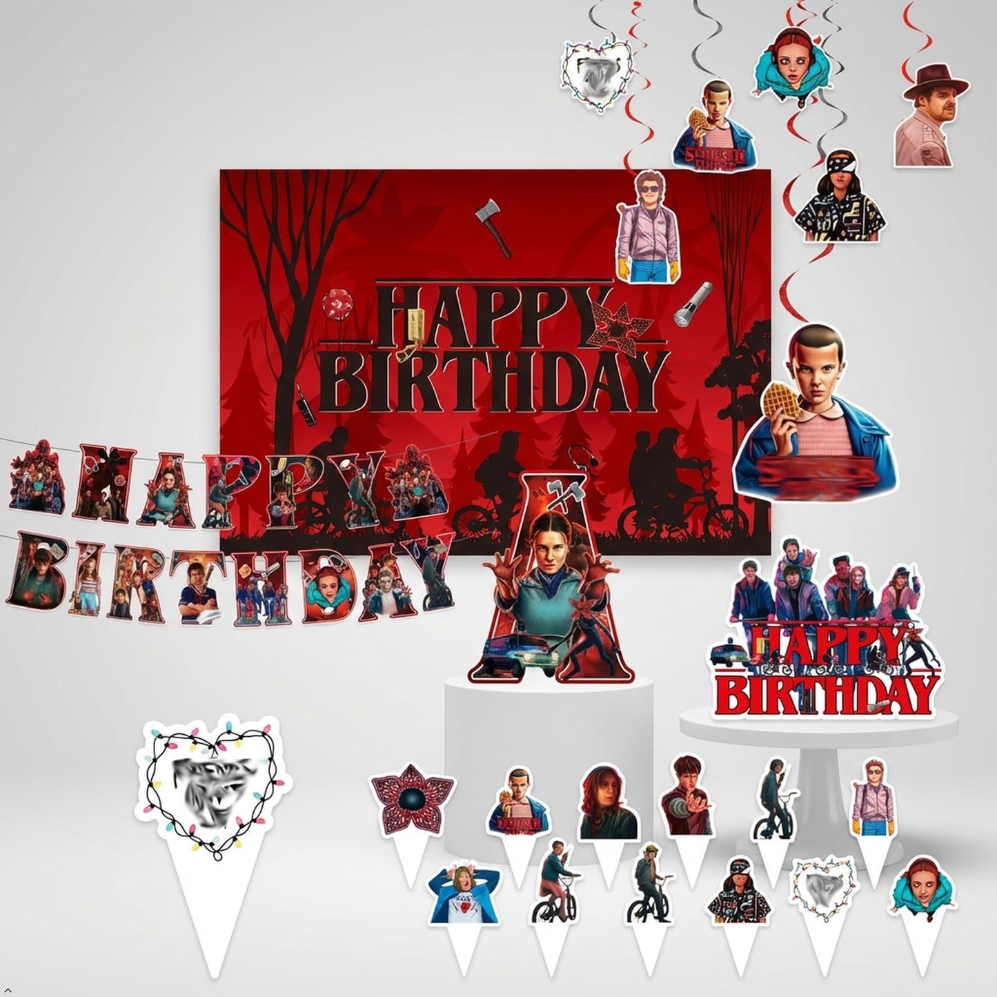 82Pcs Stranger Party Decorations Set - Thriller Theme Birthday Supplies with Thickened Backdrop, Tablecloth, Balloon Arch Kit, Cake Toppers for Kids Adults Upside Down Fans