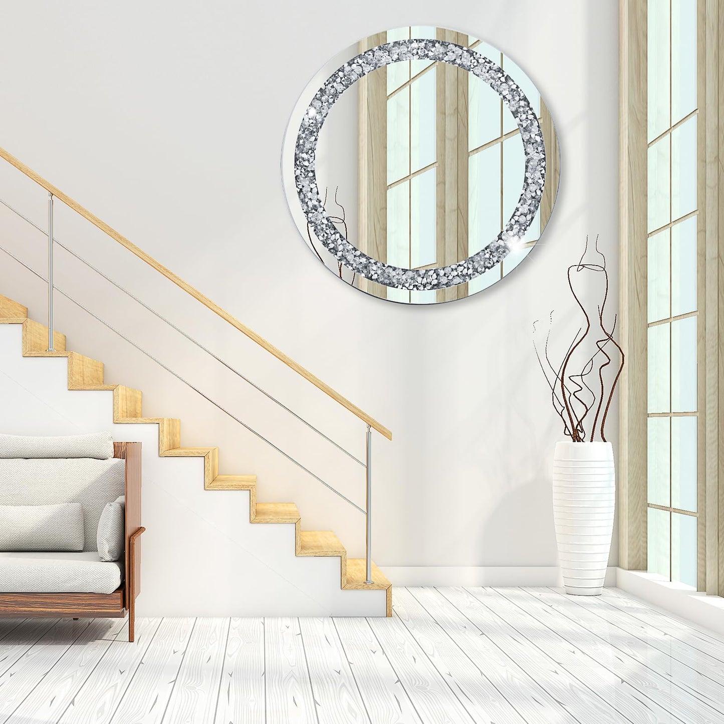 24 Inch Crushed Diamond Round Glass Wall Mirror, Bathroom Mirror, Wall Decoration Hanging Mirror, Suitable for Living Room, Bedroom, Vanity