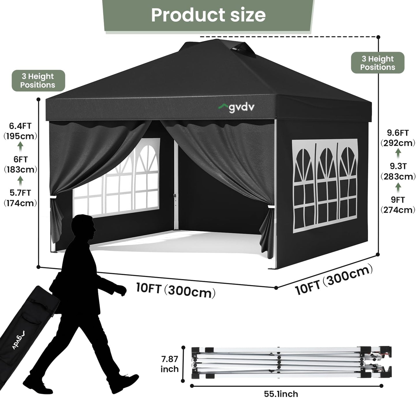 GVDV 10x10 Pop Up Canopy Tent with 4 Sidewalls, Beach Tent with One Push Setup, Outdoor Sun Shade for Events, Parties, Camping - Gazebo with Wheelbag, Black, CP23 B