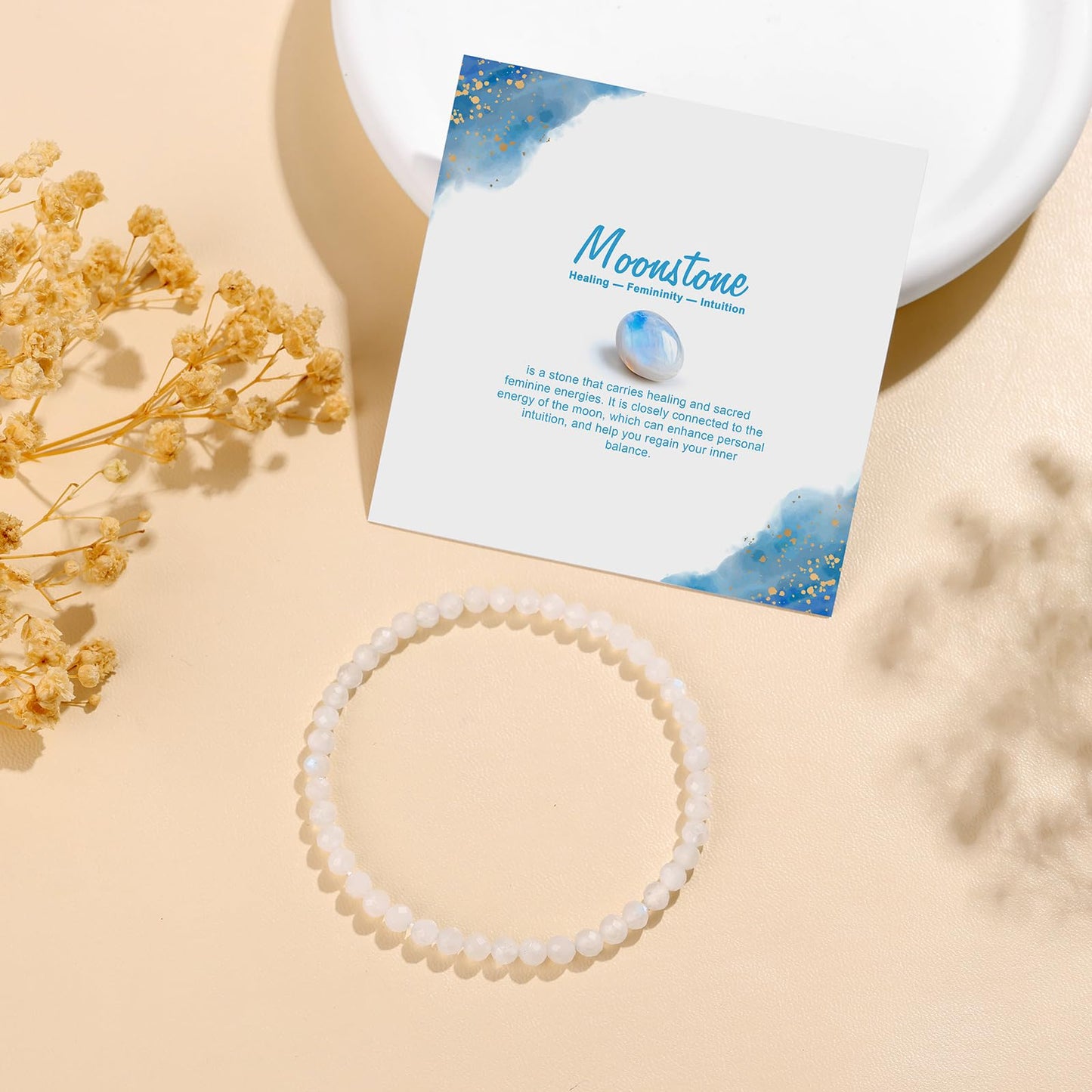 GolbalJew Natural Gemstone Beads Bracelets Healing Crystal Stone Beaded Bracelet for Women Men Handmade Spiritual Jewelry Gifts, 4mm Moonstone Faceted Round Beads