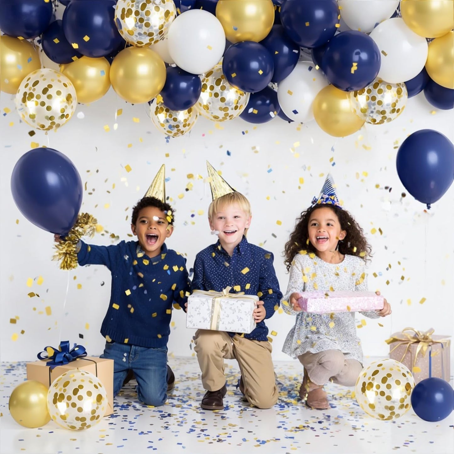 Zesliwy Navy Blue Gold Confetti Balloons Set,50pcs 12inch Royal Dark Blue Metallic Gold White Latex Balloons with Ribbon for Birthday Wedding Graduation Bridal Shower Party Decorations